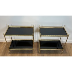 Paire de Boûts de Canapé de Style Néoclassique en Laiton et Plateaux de Verre Laqué Noir de la Maison Jansen