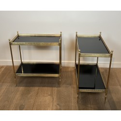 Pair of Neoclassical Style Brass Side Tables with Black Lacquered Tops by Maison Jansen