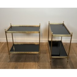 Paire de Boûts de Canapé de Style Néoclassique en Laiton et Plateaux de Verre Laqué Noir de la Maison Jansen