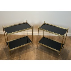 Pair of Neoclassical Style Brass Side Tables with Black Lacquered Tops by Maison Jansen