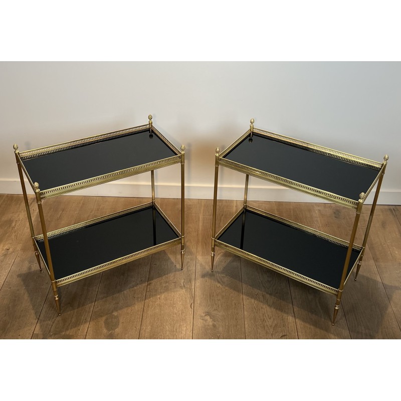 Pair of Neoclassical Style Brass Side Tables with Black Lacquered Tops by Maison Jansen