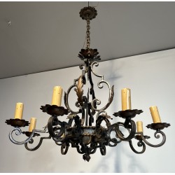Large 8 lights Wrought Iron Chandelier. Circa 1950
