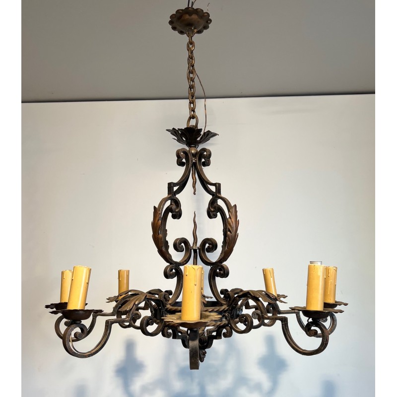 Large 8 lights Wrought Iron Chandelier. Circa 1950