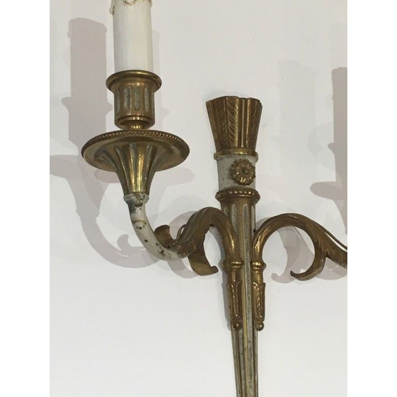 Paire d'Appliques de Style Louis XVI en Bronze et Patine Blanc Cassé