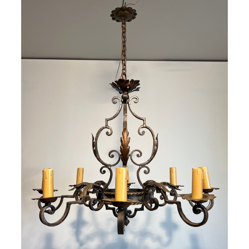 Large 8 lights Wrought Iron Chandelier. Circa 1950