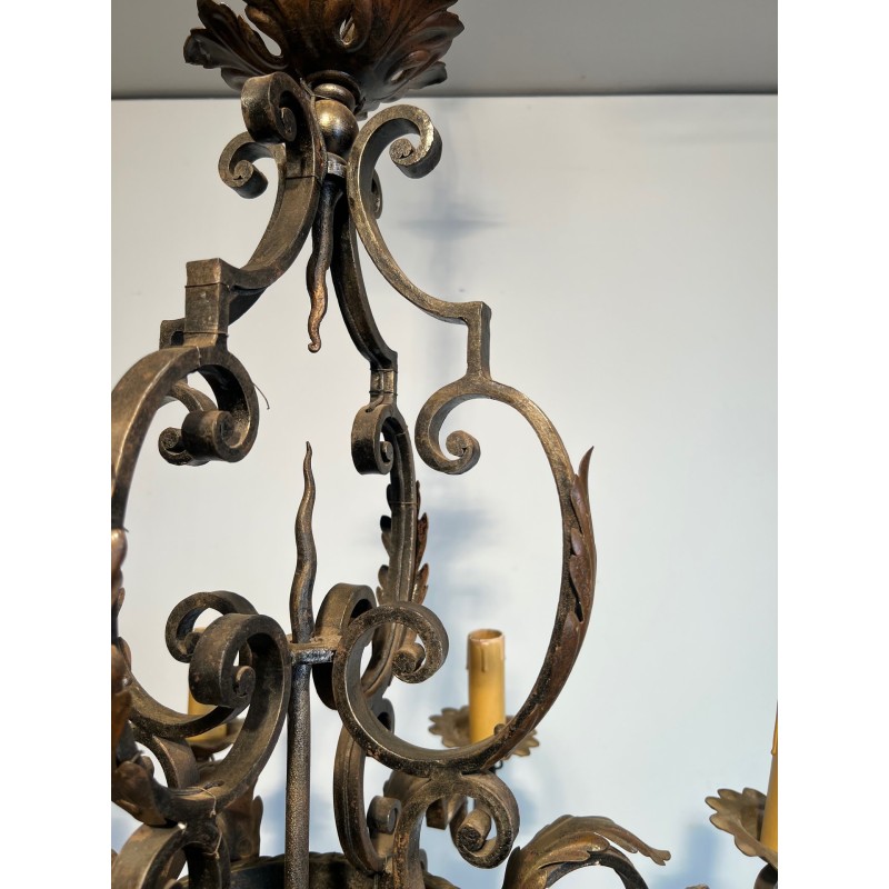 Large 8 lights Wrought Iron Chandelier. Circa 1950