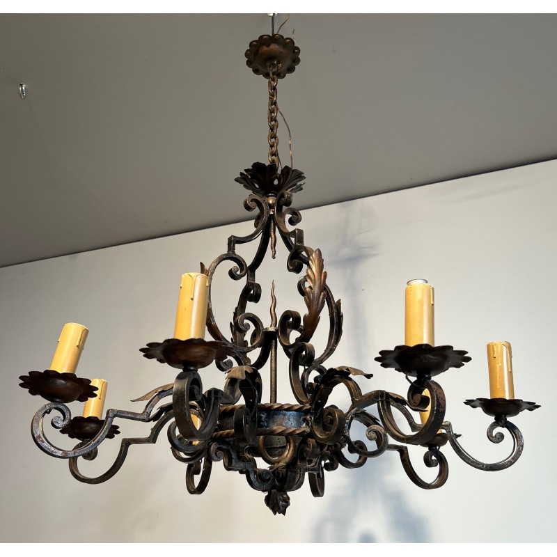 Large 8 lights Wrought Iron Chandelier. Circa 1950
