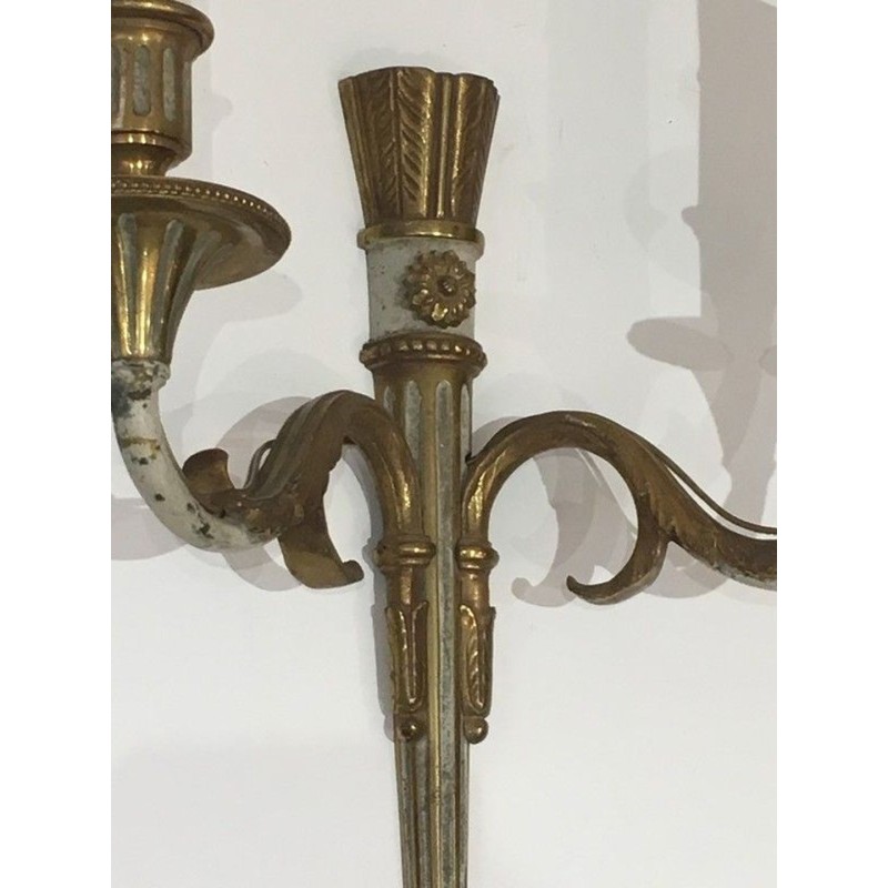 Paire d'Appliques de Style Louis XVI en Bronze et Patine Blanc Cassé