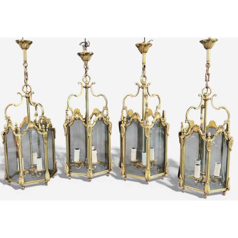 Set of Four Hexagonal Bronze Lanterns, Louis XV Style — French, circa 1950