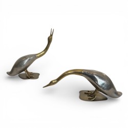 Pair of Silvered Metal and Brass Decorative Duck Sculptures, Mid-20th Century