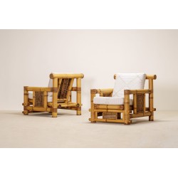 Pair Large Bamboo Armchairs Pierre Frey Cushions French circa 1970