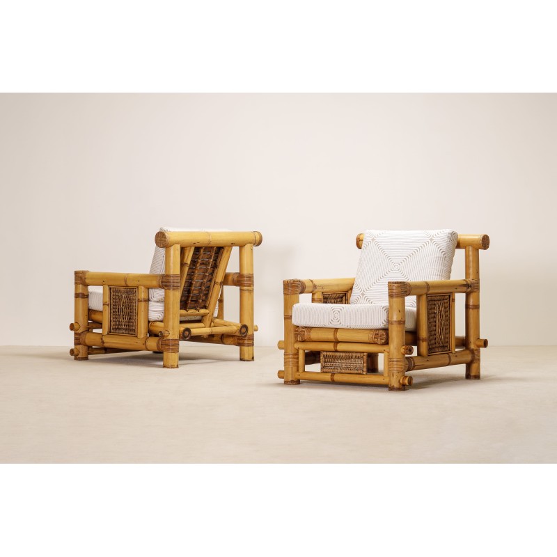 Pair Large Bamboo Armchairs Pierre Frey Cushions French circa 1970