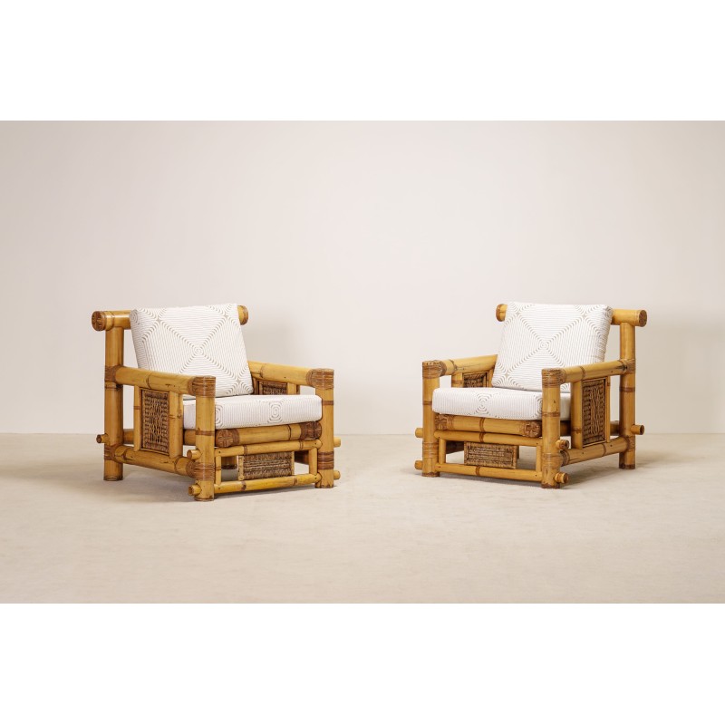 Pair Large Bamboo Armchairs Pierre Frey Cushions French circa 1970