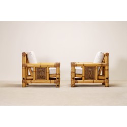 Paire Fauteuils Bambou Coussins Pierre Frey France 1970