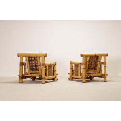 Paire d'Importants Fauteuils en Bambou et Coussins Pierre Frey
