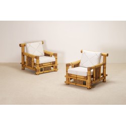 Paire d'Importants Fauteuils en Bambou et Coussins Pierre Frey
