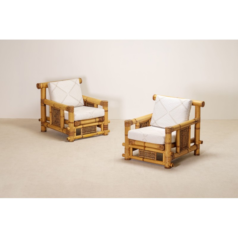 Paire Fauteuils Bambou Coussins Pierre Frey France 1970