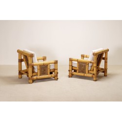 Paire d'Importants Fauteuils en Bambou et Coussins Pierre Frey