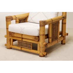 Pair Large Bamboo Armchairs Pierre Frey Cushions French circa 1970