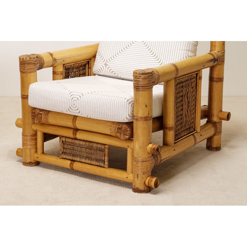 Paire Fauteuils Bambou Coussins Pierre Frey France 1970