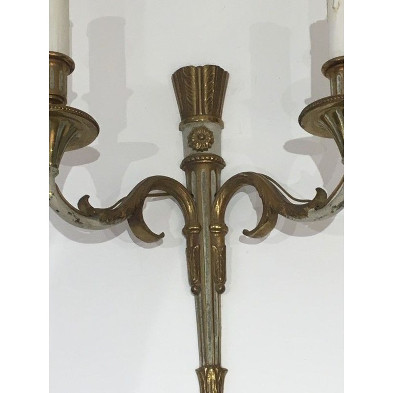Paire d'Appliques de Style Louis XVI en Bronze et Patine Blanc Cassé