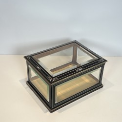 Napoleon III Jewelry Box in Black Lacquered Wood with Beveled Glass inlaid with Mother-of-Pearl and Brass Trim