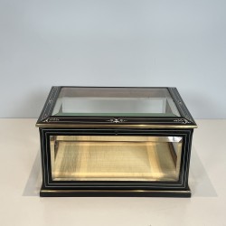 Napoleon III Jewelry Box in Black Lacquered Wood with Beveled Glass inlaid with Mother-of-Pearl and Brass Trim