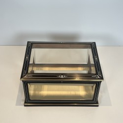 Napoleon III Jewelry Box in Black Lacquered Wood with Beveled Glass inlaid with Mother-of-Pearl and Brass Trim