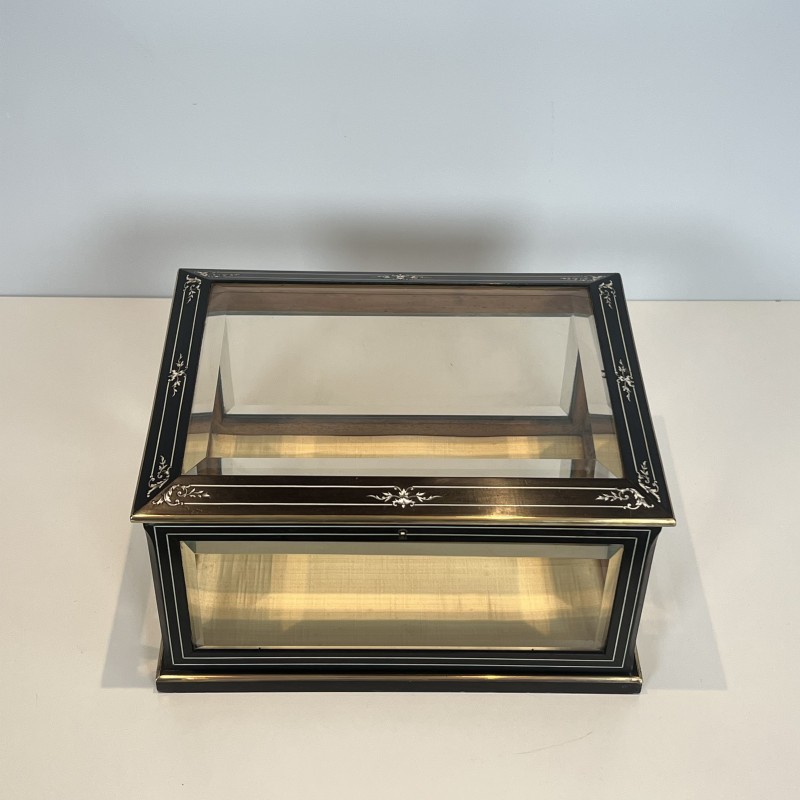 Napoleon III Jewelry Box in Black Lacquered Wood with Beveled Glass inlaid with Mother-of-Pearl and Brass Trim