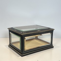 Napoleon III Jewelry Box in Black Lacquered Wood with Beveled Glass inlaid with Mother-of-Pearl and Brass Trim