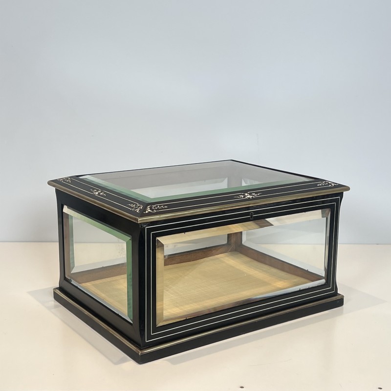 Napoleon III Jewelry Box in Black Lacquered Wood with Beveled Glass inlaid with Mother-of-Pearl and Brass Trim