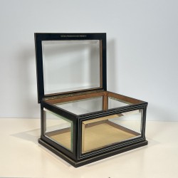 Napoleon III Jewelry Box in Black Lacquered Wood with Beveled Glass inlaid with Mother-of-Pearl and Brass Trim