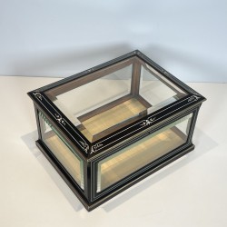 Napoleon III Jewelry Box in Black Lacquered Wood with Beveled Glass inlaid with Mother-of-Pearl and Brass Trim