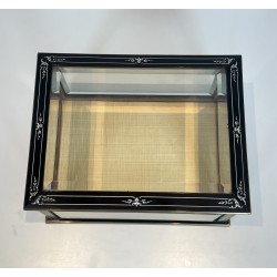 Napoleon III Jewelry Box in Black Lacquered Wood with Beveled Glass inlaid with Mother-of-Pearl and Brass Trim