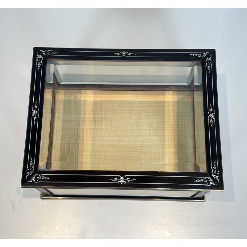 Napoleon III Jewelry Box in Black Lacquered Wood with Beveled Glass inlaid with Mother-of-Pearl and Brass Trim