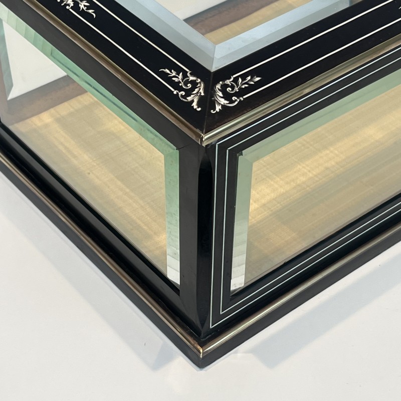Napoleon III Jewelry Box in Black Lacquered Wood with Beveled Glass inlaid with Mother-of-Pearl and Brass Trim