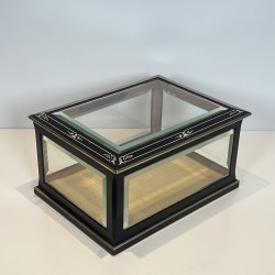 Napoleon III Jewelry Box in Black Lacquered Wood with Beveled Glass inlaid with Mother-of-Pearl and Brass Trim