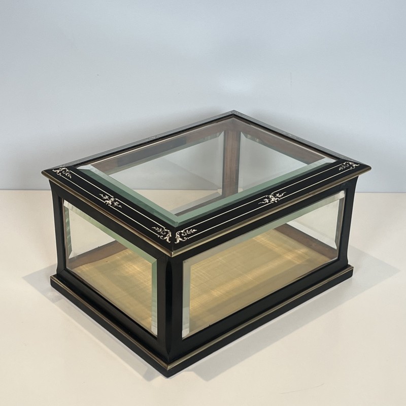 Napoleon III Jewelry Box in Black Lacquered Wood with Beveled Glass inlaid with Mother-of-Pearl and Brass Trim