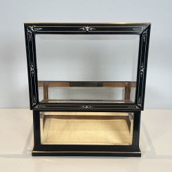 Napoleon III Jewelry Box in Black Lacquered Wood with Beveled Glass inlaid with Mother-of-Pearl and Brass Trim