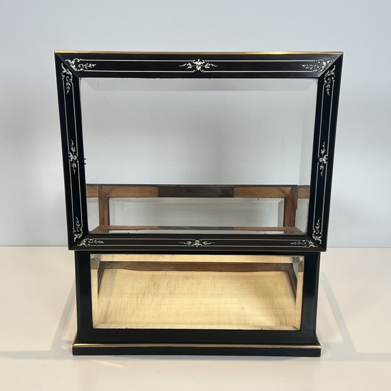 Napoleon III Jewelry Box in Black Lacquered Wood with Beveled Glass inlaid with Mother-of-Pearl and Brass Trim