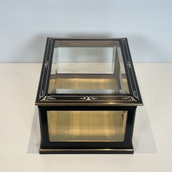 Napoleon III Jewelry Box in Black Lacquered Wood with Beveled Glass inlaid with Mother-of-Pearl and Brass Trim