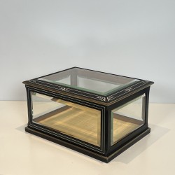 Napoleon III Jewelry Box in Black Lacquered Wood with Beveled Glass inlaid with Mother-of-Pearl and Brass Trim