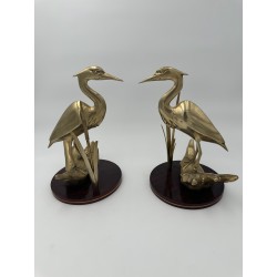 Paire de Sculptures en Laiton Représentant Des Oiseaux Stylisés sur Socle en Bois