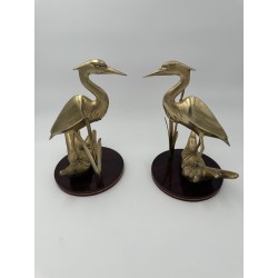 Paire de Sculptures en Laiton Représentant Des Oiseaux Stylisés sur Socle en Bois