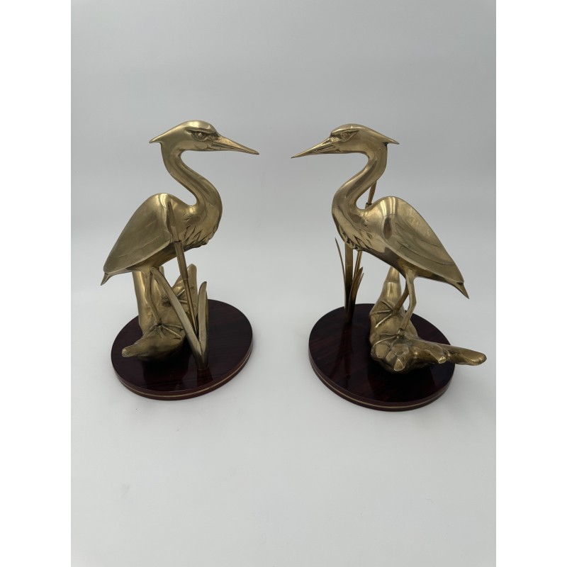 Paire de Sculptures en Laiton Représentant Des Oiseaux Stylisés sur Socle en Bois