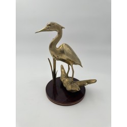 Pair of Brass Sculptures Depicting Stylized Birds on Wooden Bases