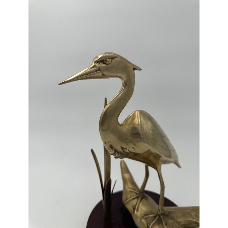 Pair of Brass Sculptures Depicting Stylized Birds on Wooden Bases