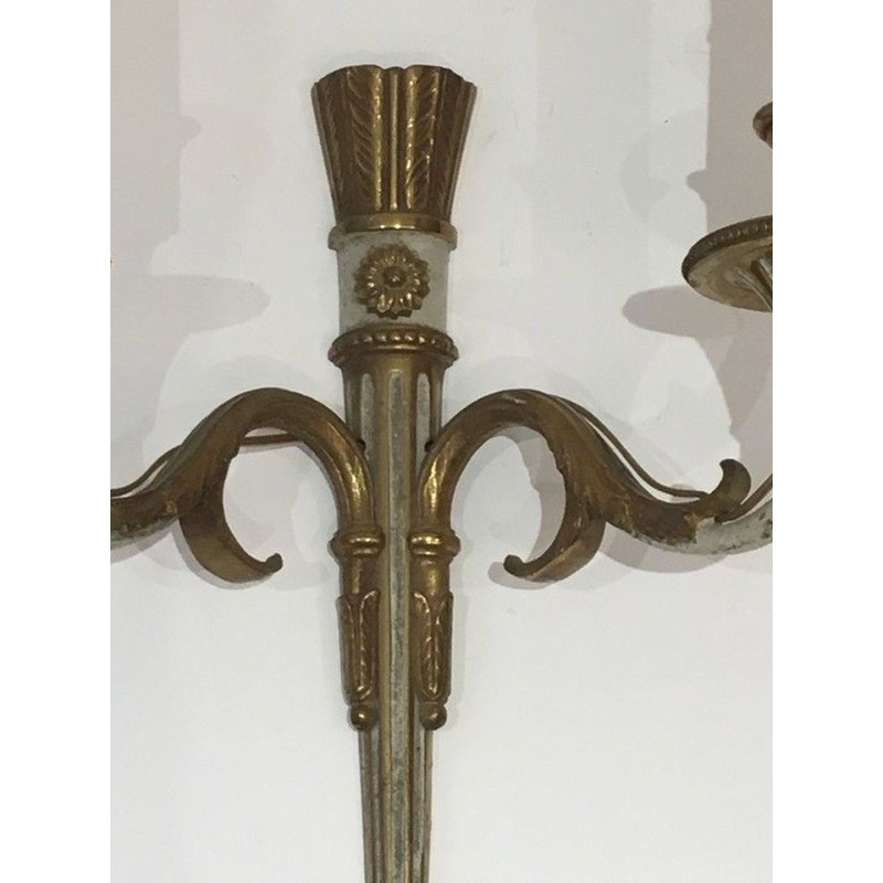Paire d'Appliques de Style Louis XVI en Bronze et Patine Blanc Cassé