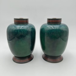 Pair of Sèvres Porcelain Covered Vases with Emerald Glaze, Art Deco Period.