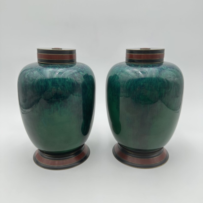 Pair of Sèvres Porcelain Covered Vases with Emerald Glaze, Art Deco Period.